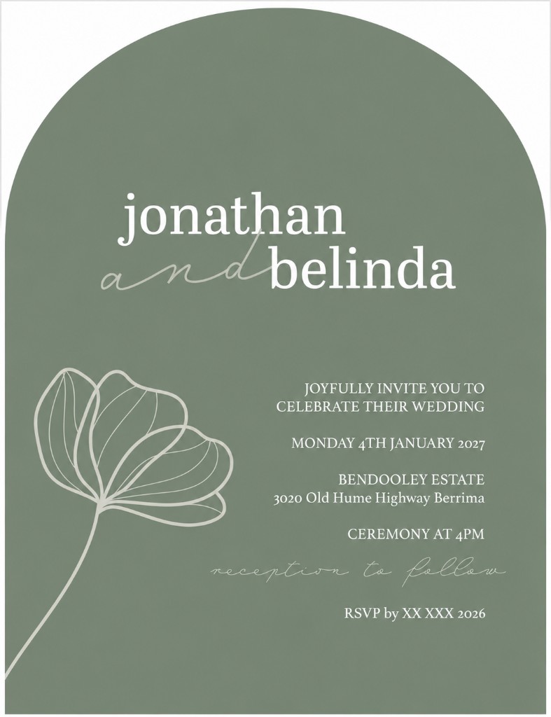 Wedding invitation for jonathan and belinda — Monday 4th January 2027, Bendooley Estate, ceremony at 4pm